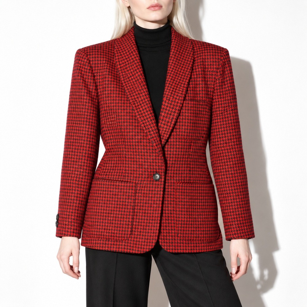 80s Vintage Houndstooth Wool Blazer Womens 16 Shawl Collar Red Black Gray Dereta
